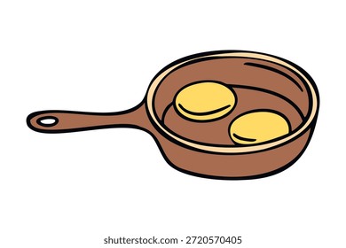 Bratpfanne mit zwei Pfannkuchen, gemütlich handgezeichnete Doodle-Stil. Vektorgrafik.