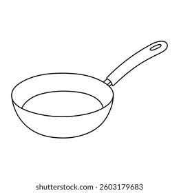 Frying pan vector illustration. Hand-drawn kitchen cookware in doodle style. Black line art isolated on white background.