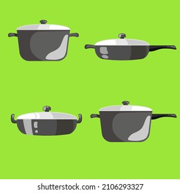 Frying pan vector, illustration, icons set. Kitchen pots and different pans isolated with green background.