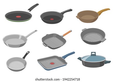 Frying Pan Vector Illustrations Set. Collection Of Different Pans With And Without Handle, Wok, Skillet, Saucepan Isolated On White Background. Cooking, Kitchen Tools Concept For Banner Or Website