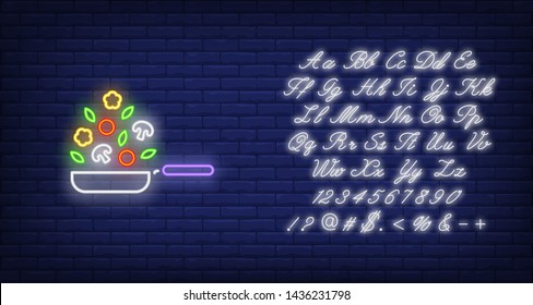 Frying pan and vegetable ingredients neon sign. Cooking, kitchen and restaurant advertisement design. Night bright neon sign, colorful billboard, light banner. Vector illustration in neon style.