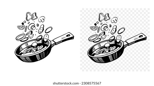 Frying pan with vegetables. Cooking process. Hand drawn vector sketch illustration