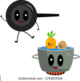 frying pan and pan with vegetables standing on fire funny cartoon characters cute smile food and cooking concept Object on a white background.