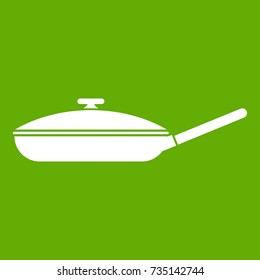 frying pan with white lid icon white isolated on green background. Vector illustration