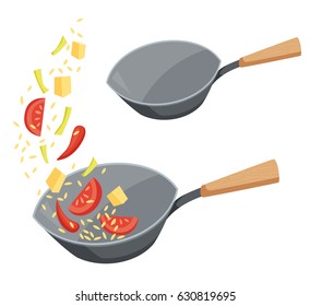 Frying pan wok with fried vegetables and rice or empty. Cooking process vector illustration. Kitchenware and utensils isolated on white. Tasty food