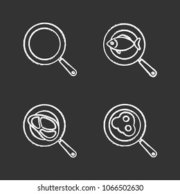 Frying pans chalk icons set. Fried fish, eggs and meat steak. Isolated vector chalkboard illustrations