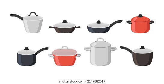 Frying pans and saucepans cartoon illustration set. Metal cooking pots with lid of different sizes, stainless utensils for making soup or boiling water. Household, kitchen concept