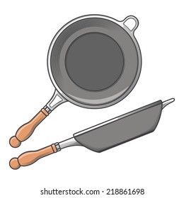 Frying pans (side and top view) isolated on a white background. Color line art. Cookware retro design. Vector illustration.