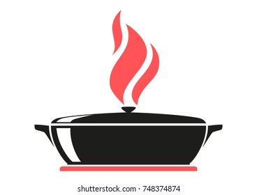 frying saucepan with red flames isolated outline vector illustration icon