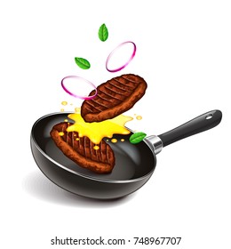 Frying steaks on pan isolated photo-realistic vector illustration