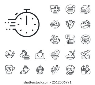 Frying stopwatch sign. Crepe, sweet popcorn and salad outline icons. Cooking timer line icon. Food preparation symbol. Cooking timer line sign. Pasta spaghetti, fresh juice icon. Supply chain. Vector