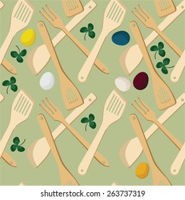 Frying tools, Easter eggs and clovers vector background