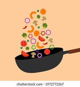 Frying Vegetables in Asian wok. Cooking healthy food in frying pan vector.