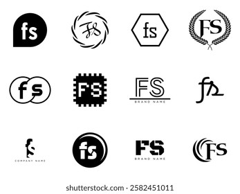 FS logo company template. Letter f and s logotype. Set different classic serif lettering and modern bold text with design elements. Initial font typography. Collection trendy business identity.