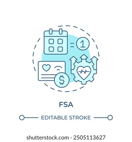 FSA soft blue concept icon. Flexible spending account. Medical services expenses and savings. Tax deduction. Round shape line illustration. Abstract idea. Graphic design. Easy to use in brochure