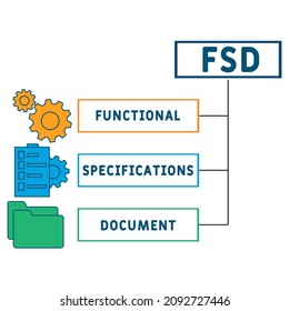FSD - Functional Specifications Document acronym. business concept background.  vector illustration concept with keywords and icons. lettering illustration with icons for web banner, flyer, landing