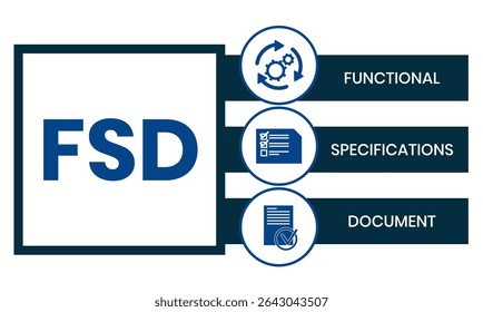 FSD - Especificações Funcionais Acrônimo do documento. plano de fundo do conceito de negócios. conceito de ilustração vetorial com palavras-chave e ícones. ilustração de letras com ícones para banner da Web, folheto
