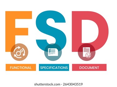 FSD - Especificações Funcionais Acrônimo do documento. plano de fundo do conceito de negócios. conceito de ilustração vetorial com palavras-chave e ícones. ilustração de letras com ícones para banner da Web, folheto