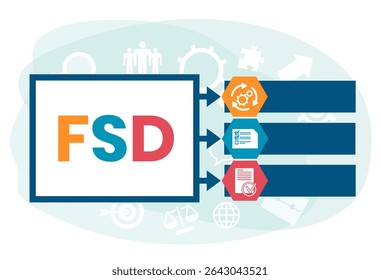 FSD - Functional Specifications Document acronym. business concept background. vector illustration concept with keywords and icons. lettering illustration with icons for web banner, flyer