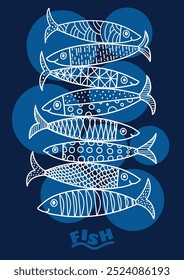 Fsh poster. Sea illustration. Line sardine.  Hand drawn illustration. Template design can be used for meny, banner, flyer, card, poster.