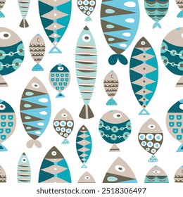 Fsh seamless pattern with underwater life. Perfect for kids bedding, fabric, wallpaper, wrapping paper, textile, t-shirt print.