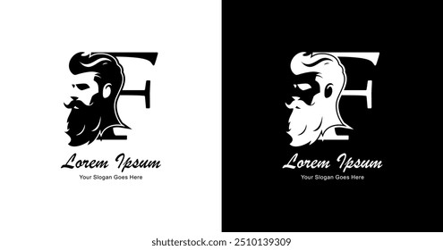 F-shaped logo design combined with the silhouette of a bearded man's head