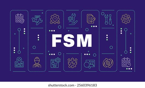 FSM dark blue word concept. Field service management. Workflow optimization. Typography banner. Horizontal vector image. Headline text surrounded by editable outline icons