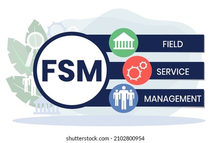 FSM - Field Service Management acronym. business concept background. vector illustration concept with keywords and icons. lettering illustration with icons for web banner, flyer, landing page