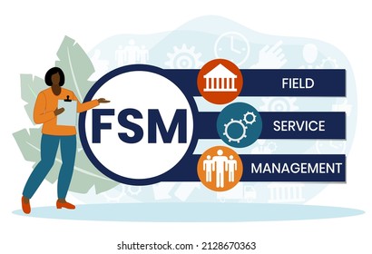 FSM - Field Service Management acronym. business concept background. vector illustration concept with keywords and icons. lettering illustration with icons for web banner, flyer, landing page