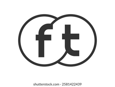 FT business company emblem with outline rounds and letters f t. Logo template of two merged circles for brand identity, logotype. Vector Infinity symbol  and technology sign.