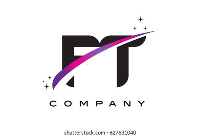 FT F T Black Letter Logo Design with Purple Magenta Swoosh and Stars.