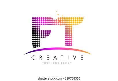 FT F T Dots Letter Logo Design with Magenta Bubble Circles and Swoosh