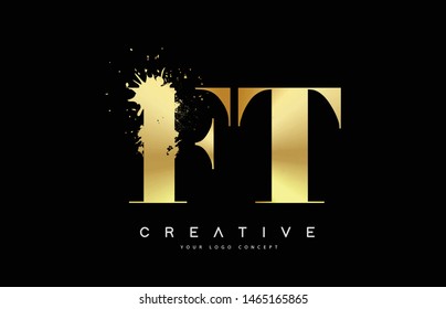 FT F T Letter Logo with Gold Melted Metal Splash Vector Design Illustration.