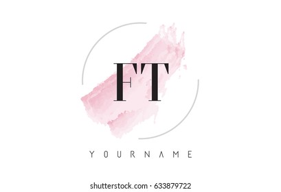 FT F T Watercolor Letter Logo Design with Circular Shape and Pastel Pink Brush.