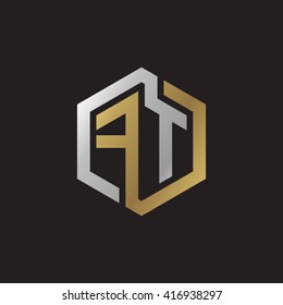 FT initial letters loop linked hexagon elegant logo golden silver black background