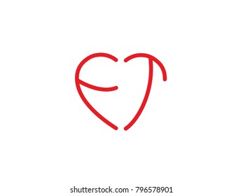 FT initial logo letter with heart shape red colored, logo design for wedding invitation, wedding name and business name.