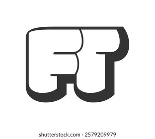 FT logo, bubble comic lettering, rounded in graffiti style black and white silhouette. Trendy preschool F and T letter text for festival party, personal initials, children funky print and web.
