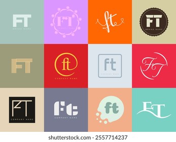 FT logo company template. Letter f and t logotype. Set different classic serif lettering and modern bold text with design elements. Initial font typography. Collection trendy business identity.