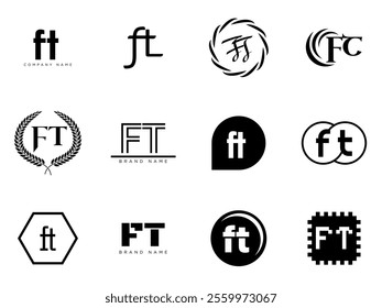 FT logo company template. Letter f and t logotype. Set different classic serif lettering and modern bold text with design elements. Initial font typography. Collection trendy business identity.