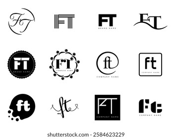 FT logo company template. Letter f and t logotype. Set different classic serif lettering and modern bold text with design elements. Initial font typography. Collection trendy business identity.