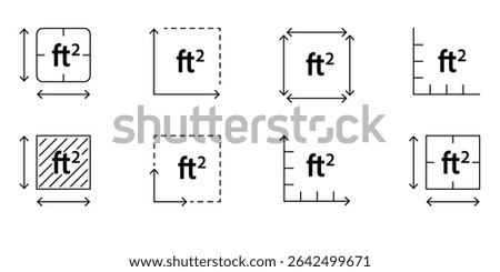 FT2 symbol representing square feet. Vector outline icon for space dimension, land area, house layout, or real estate measurement