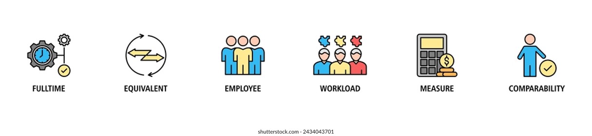 FTE banner web icon set vector illustration concept of full time equivalent with icon of full-time, equivalent, employee, workload, measure and comparability