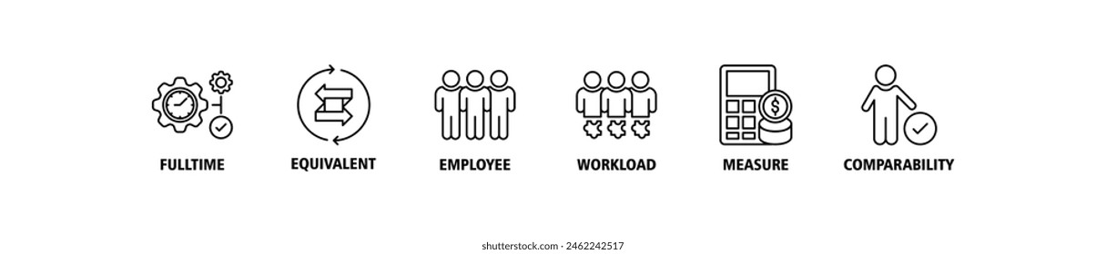 FTE banner web icon set vector illustration concept of full time equivalent with icon of full-time, equivalent, employee, workload, measure and comparability