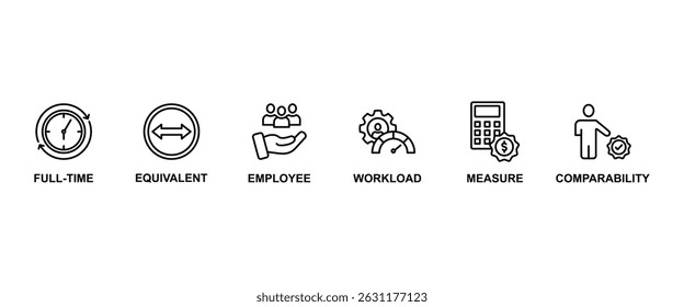 Fte banner web icon vetor ilustração conceito de tempo integral equivalente com ícone de tempo integral, equivalente, funcionário, carga de trabalho, medida e comparabilidade