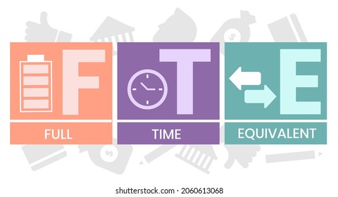 FTE - Full Time Equivalent acronym, business concept background. word lettering typography design illustration with line icons