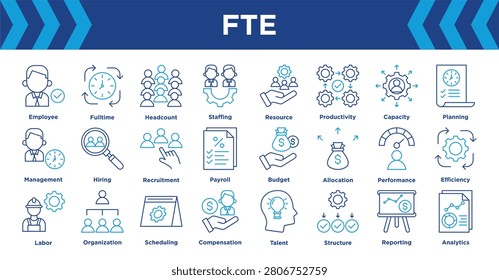 FTE icon collection set. Containing Employee, Workforce, Fulltime, Headcount, Staffing, Resource, Productivity and Capacity. editable vector.