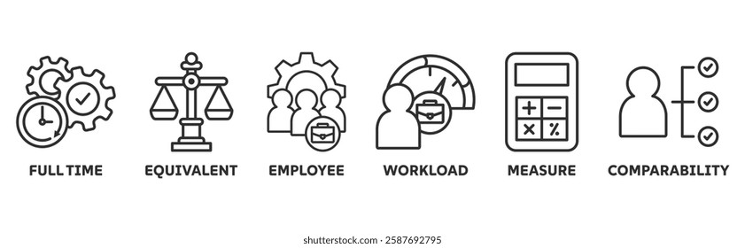 FTE icon set illustration concept of full time equivalent with icon of full-time, equivalent, employee, workload, measure and comparability