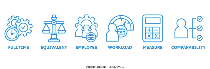 FTE icon set illustration concept of full time equivalent with icon of full-time, equivalent, employee, workload, measure and comparability