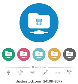 FTP archive flat white icons on round color backgrounds. 6 bonus icons included.