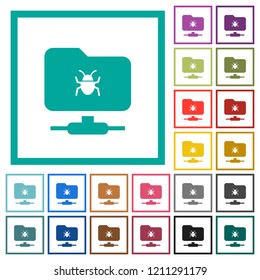 FTP bug flat color icons with quadrant frames on white background